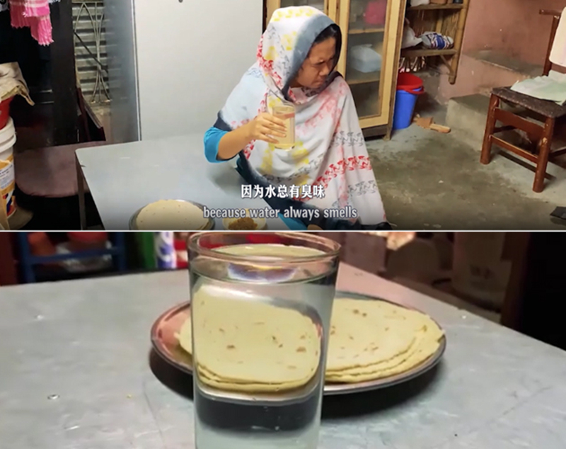 圖為紀(jì)實(shí)短片截圖：上圖為水質(zhì)未改善前，飲用水發(fā)黃渾濁；下圖為水廠建成后，飲用水水質(zhì)明顯改善，清澈透明。