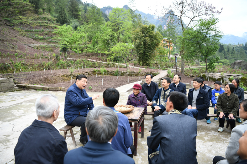 2019年4月15日至17日，中共中央總書記、國(guó)家主席、中央軍委主席習(xí)近平在重慶考察，并主持召開解決“兩不愁三保障”突出問(wèn)題座談會(huì)。這是4月15日下午，習(xí)近平在石柱土家族自治縣中益鄉(xiāng)華溪村同村民代表、基層干部、扶貧干部、鄉(xiāng)村醫(yī)生等圍坐在一起，共話脫貧攻堅(jiān)。新華社記者 謝環(huán)馳 攝