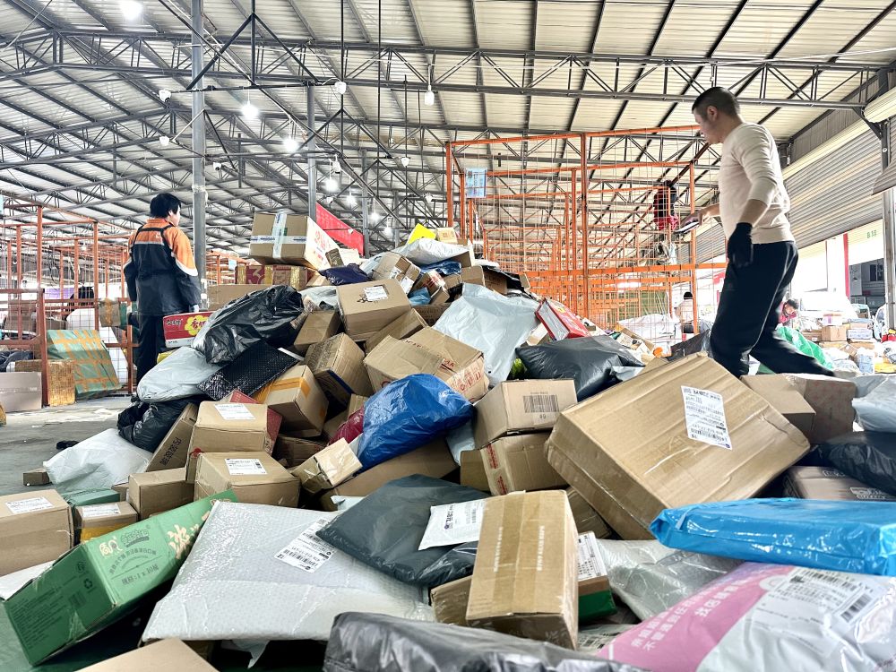 正值“双十一”期间，大量快递刚刚抵达丽江市快递物流园区（廖浚宏摄）.jpeg