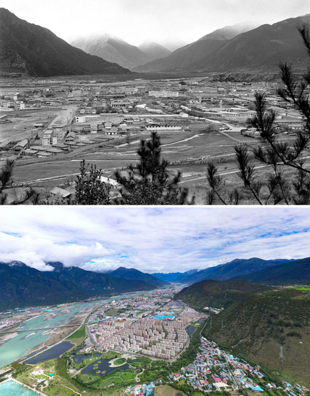 拼版照片：上圖是20世紀90年代的西藏林芝八一鎮(zhèn)；下圖是2021年7月20日拍攝的西藏林芝八一鎮(zhèn)風貌。